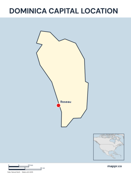 Detailed map pinpointing Roseau, the capital of Dominica.
