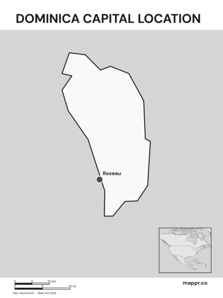 Detailed map pinpointing Roseau, the capital of Dominica (black and white).