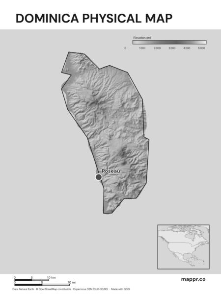 Map featuring Roseau, the capital of Dominica, with rich topographical detail (black and white).