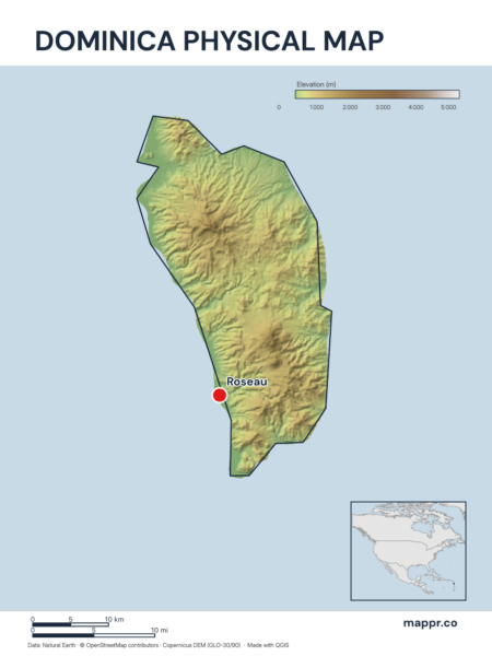 Map featuring Roseau, the capital of Dominica, with rich topographical detail.