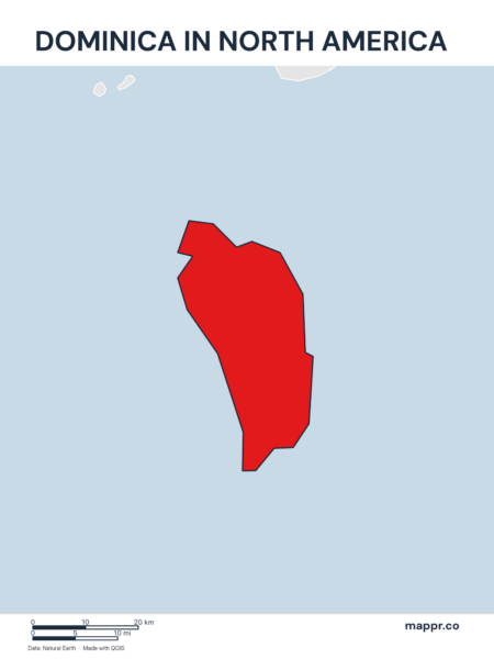 A map highlighting Dominica's location on the north american continent.
