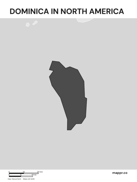 A map highlighting Dominica's location on the north american continent (black and white).