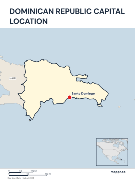 Detailed map pinpointing Santo Domingo, the capital of Dominican Republic.
