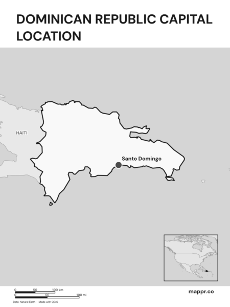 Detailed map pinpointing Santo Domingo, the capital of Dominican Republic (black and white).