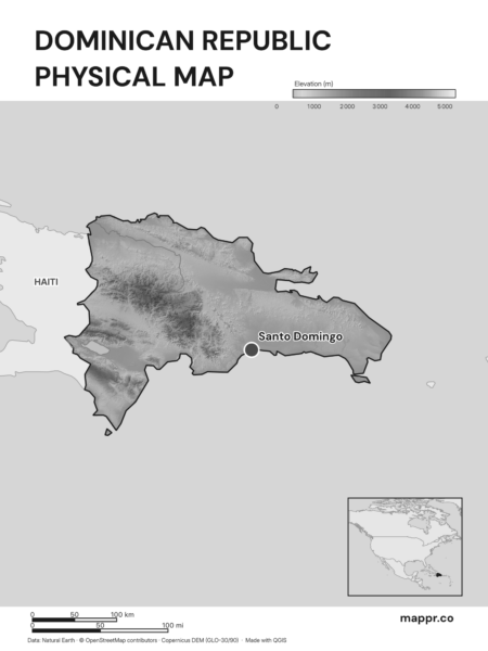 Map featuring Santo Domingo, the capital of Dominican Republic, with rich topographical detail (black and white).