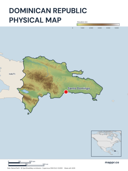 Map featuring Santo Domingo, the capital of Dominican Republic, with rich topographical detail.
