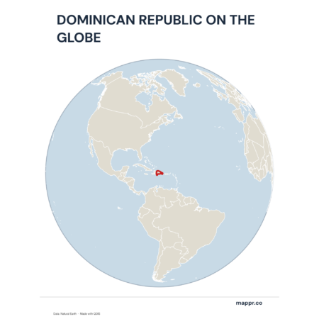 A map highlighting Dominican Republic's location on a globe, marked with a red outline.