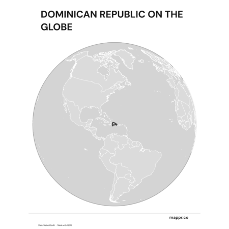 A map highlighting Dominican Republic's location on a globe, marked with a red outline (black and white).