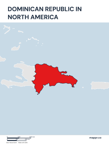 A map highlighting Dominican Republic's location on the north american continent.
