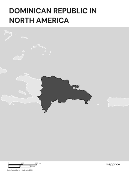 A map highlighting Dominican Republic's location on the north american continent (black and white).