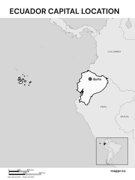 Detailed map pinpointing Quito, the capital of Ecuador (black and white).