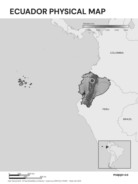 Map featuring Quito, the capital of Ecuador, with rich topographical detail (black and white).