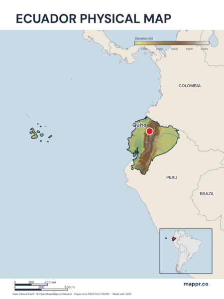 Map featuring Quito, the capital of Ecuador, with rich topographical detail.