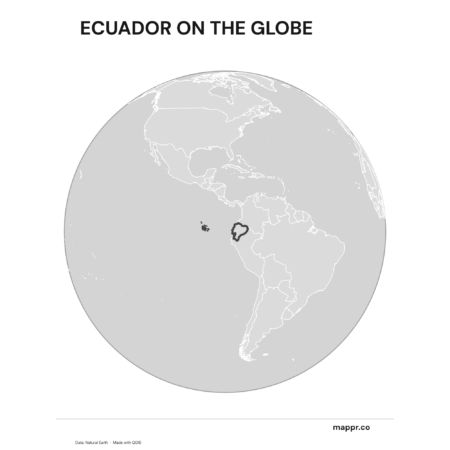 A map highlighting Ecuador's location on a globe, marked with a red outline (black and white).