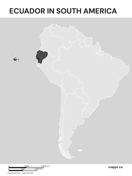 A map highlighting Ecuador's location on the south american continent (black and white).