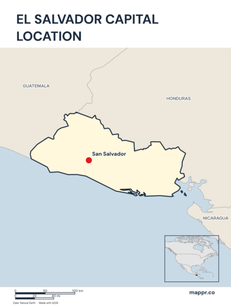 Detailed map pinpointing San Salvador, the capital of El Salvador.