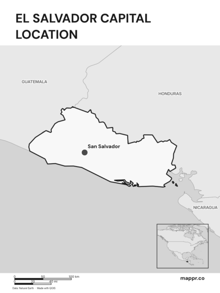 Detailed map pinpointing San Salvador, the capital of El Salvador (black and white).