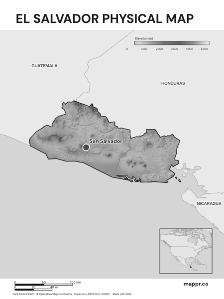 Map featuring San Salvador, the capital of El Salvador, with rich topographical detail (black and white).