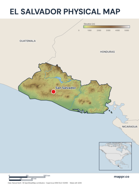 Map featuring San Salvador, the capital of El Salvador, with rich topographical detail.