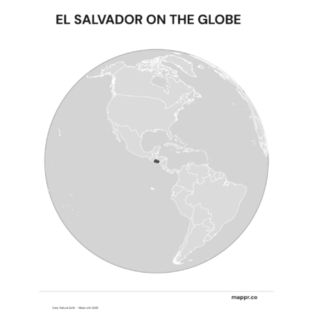 A map highlighting El Salvador's location on a globe, marked with a red outline (black and white).