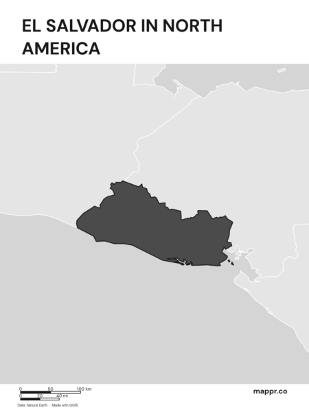 A map highlighting El Salvador's location on the north american continent (black and white).