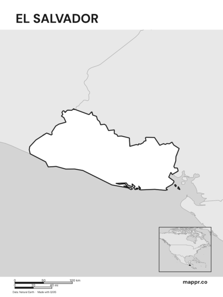 Outline map of El Salvador with detailed country borders (black and white).