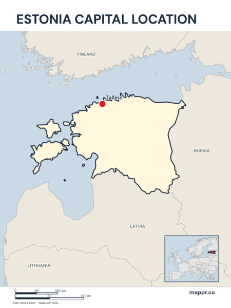 Detailed map pinpointing Tallinn, the capital of Estonia.