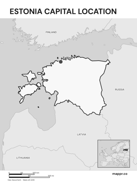 Detailed map pinpointing Tallinn, the capital of Estonia (black and white).