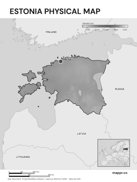 Map featuring Tallinn, the capital of Estonia, with rich topographical detail (black and white).