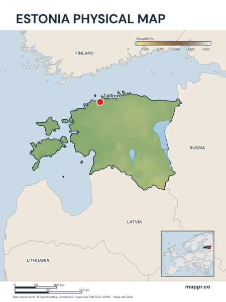 Map featuring Tallinn, the capital of Estonia, with rich topographical detail.