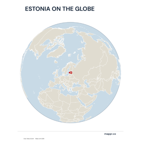 A map highlighting Estonia's location on a globe, marked with a red outline.