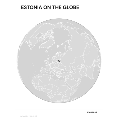 A map highlighting Estonia's location on a globe, marked with a red outline (black and white).