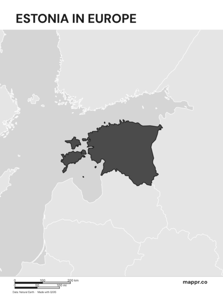 A map highlighting Estonia's location on the european continent (black and white).