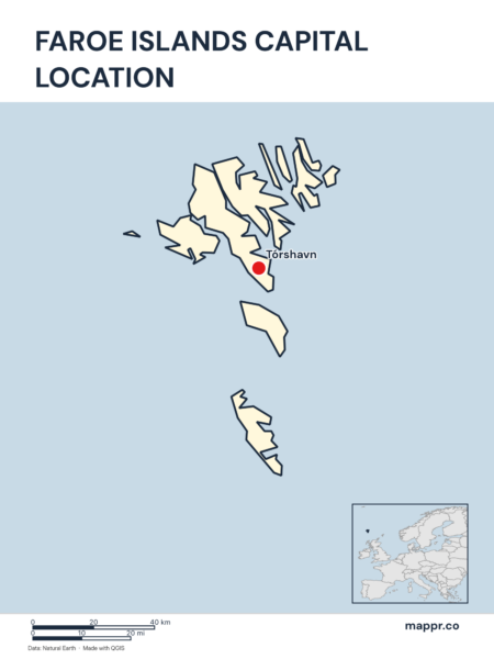 Detailed map pinpointing Tórshavn, the capital of Faroe Islands.