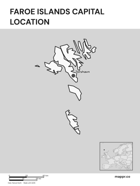 Detailed map pinpointing Tórshavn, the capital of Faroe Islands (black and white).