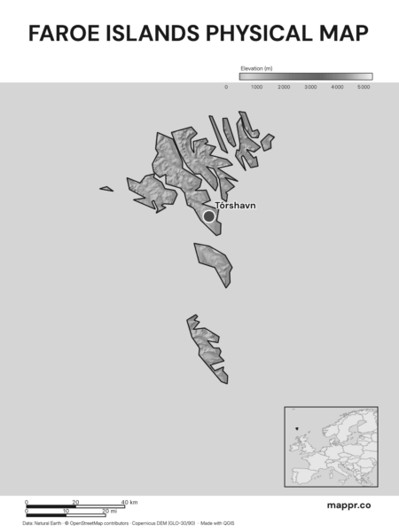 Map featuring Tórshavn, the capital of Faroe Islands, with rich topographical detail (black and white).