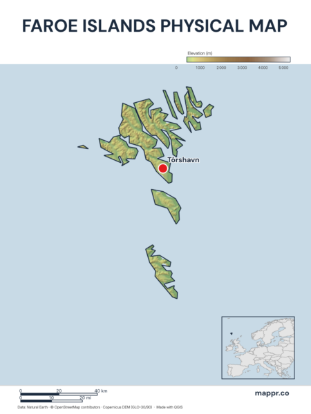 Map featuring Tórshavn, the capital of Faroe Islands, with rich topographical detail.