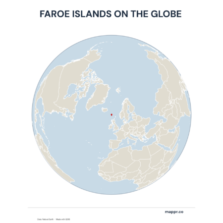 A map highlighting Faroe Islands's location on a globe, marked with a red outline.