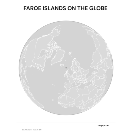 A map highlighting Faroe Islands's location on a globe, marked with a red outline (black and white).