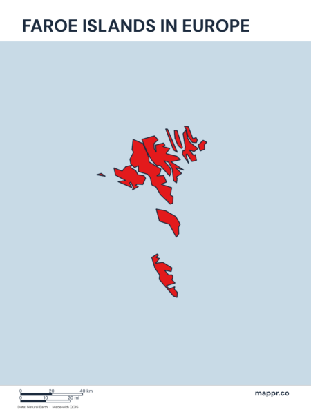 A map highlighting Faroe Islands's location on the european continent.