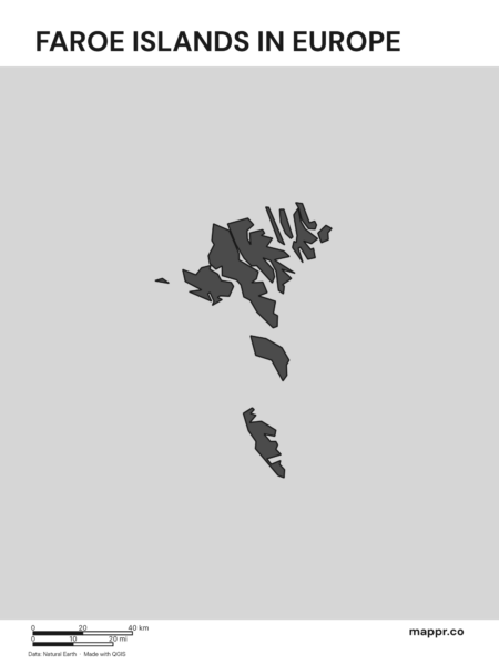 A map highlighting Faroe Islands's location on the european continent (black and white).