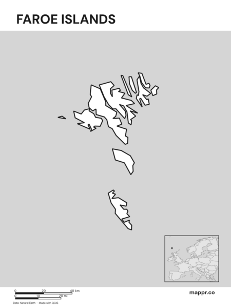 Outline map of Faroe Islands with detailed country borders (black and white).