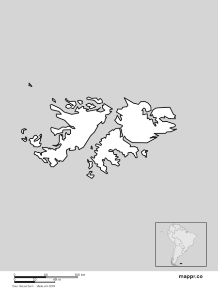 Blank political map of Falkland Islands showing its international borders without labels (black and white).