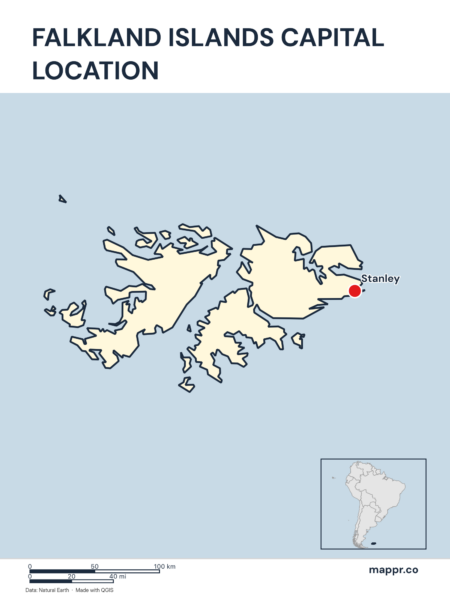 Detailed map pinpointing Stanley, the capital of Falkland Islands.