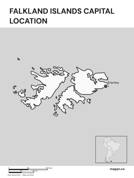Detailed map pinpointing Stanley, the capital of Falkland Islands (black and white).