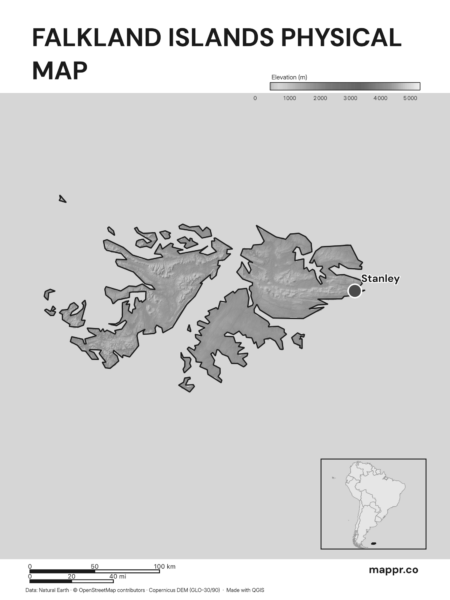 Map featuring Stanley, the capital of Falkland Islands, with rich topographical detail (black and white).