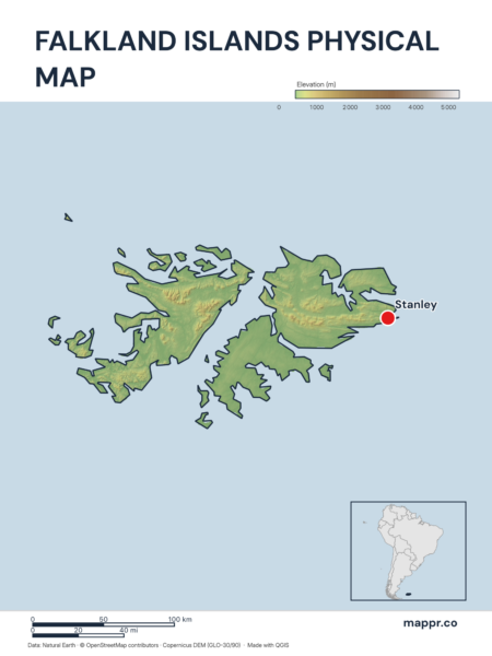 Map featuring Stanley, the capital of Falkland Islands, with rich topographical detail.