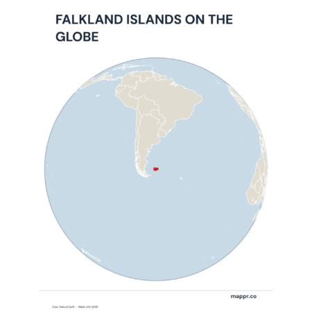 A map highlighting Falkland Islands's location on a globe, marked with a red outline.