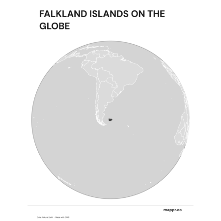 A map highlighting Falkland Islands's location on a globe, marked with a red outline (black and white).