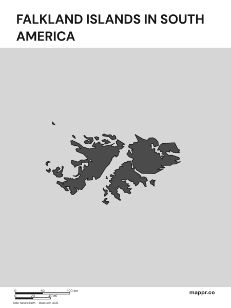 A map highlighting Falkland Islands's location on the south american continent (black and white).